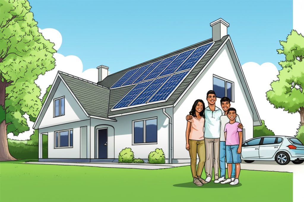 Família feliz em frente à casa com painéis solares